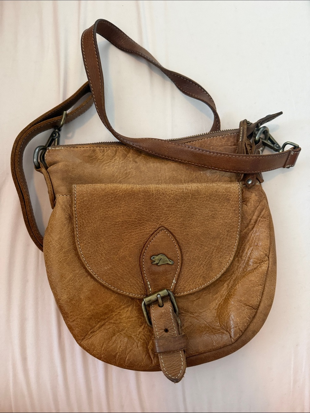 Roots light brown Leather Crossbody Bag with Buckle Flap